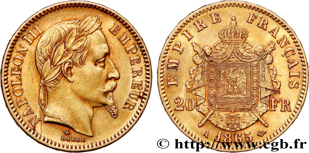 20 francs or Napoléon III, tête laurée 1865 Paris F.532/11 AU 