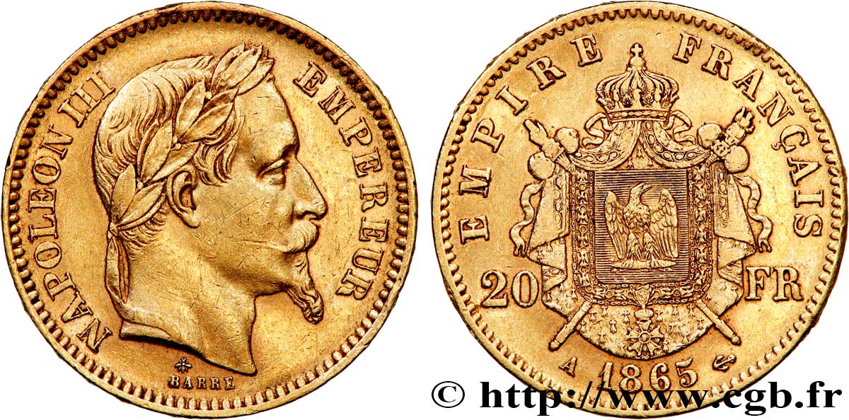20 francs or Napoléon III, tête laurée 1865 Paris F.532/11 SS 