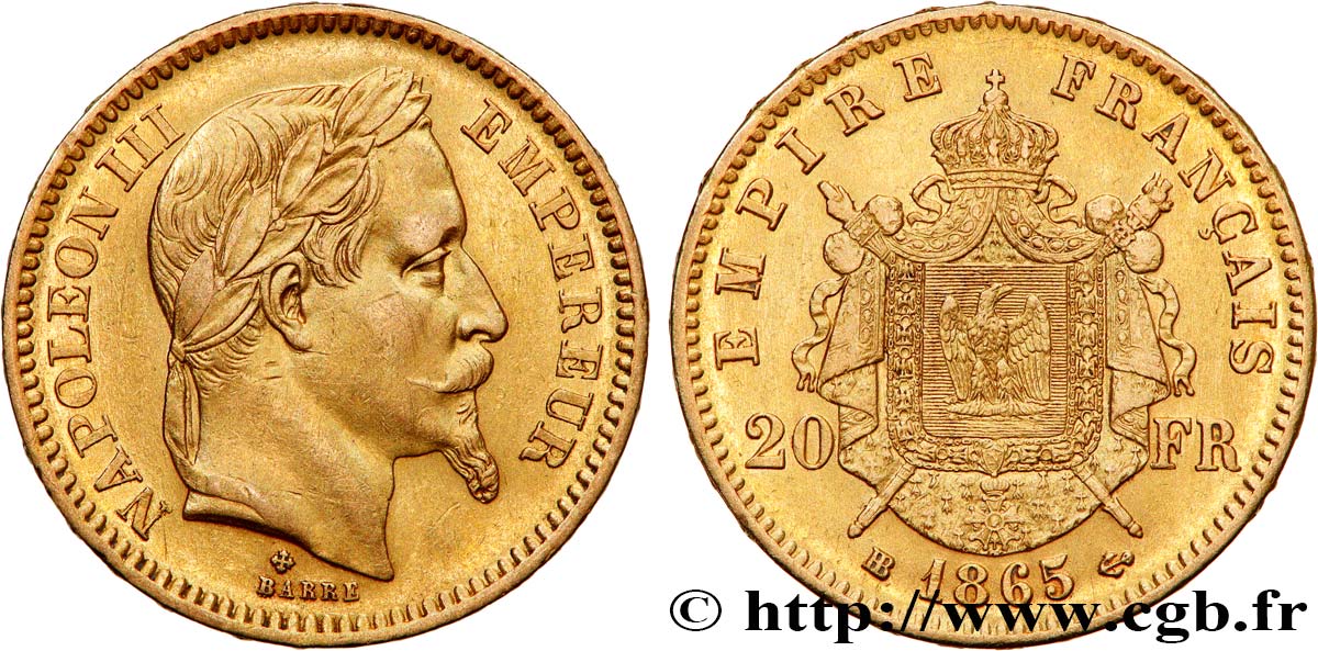 20 francs or Napoléon III, tête laurée 1865 Strasbourg F.532/12 AU50 