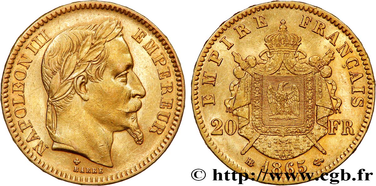 20 francs or Napoléon III, tête laurée 1865 Strasbourg F.532/12 AU 