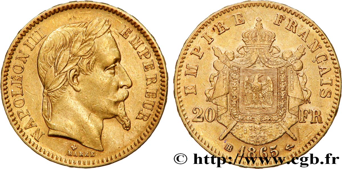 20 francs or Napoléon III, tête laurée 1865 Strasbourg F.532/12 XF 