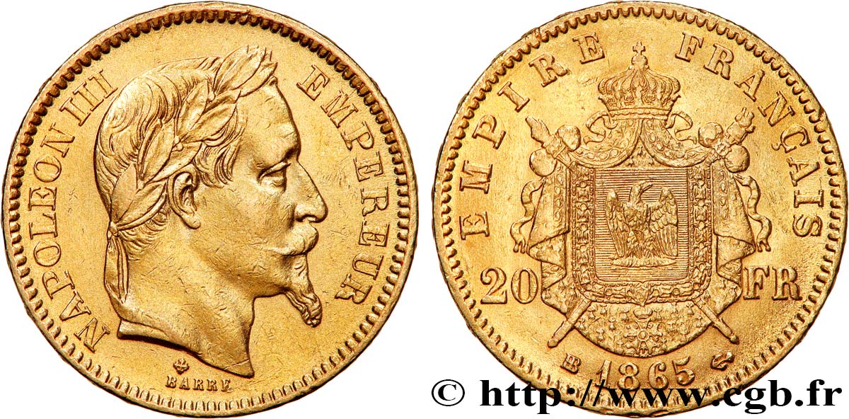 20 francs or Napoléon III, tête laurée 1865 Strasbourg F.532/12 MBC 