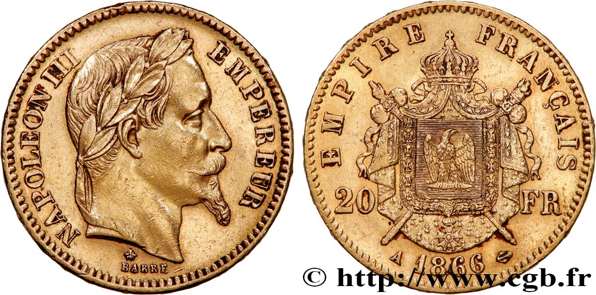 20 francs or Napoléon III, tête laurée 1866 Paris F.532/13 SS 
