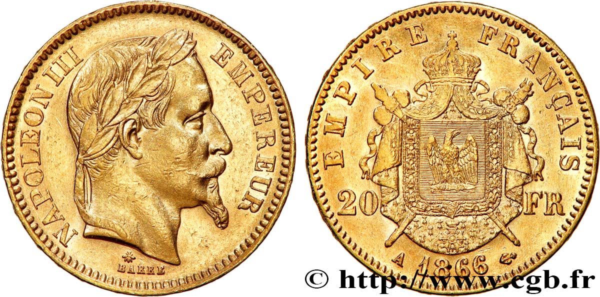 20 francs or Napoléon III, tête laurée 1866 Paris F.532/13 XF 