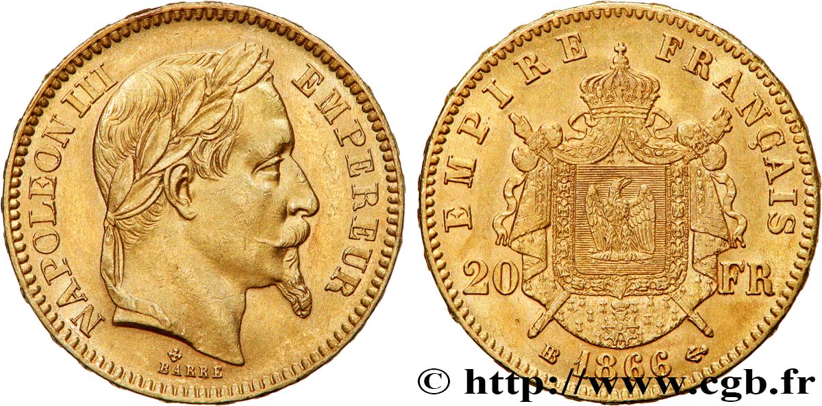 20 francs or Napoléon III, tête laurée 1866 Strasbourg F.532/14 AU55 