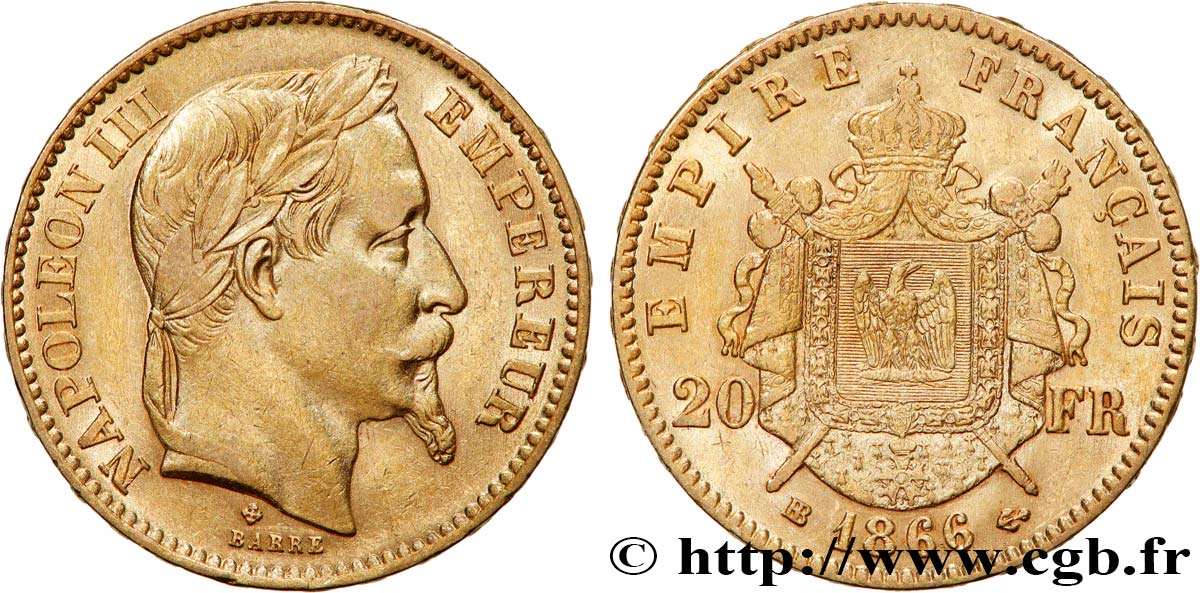 20 francs or Napoléon III, tête laurée 1866 Strasbourg F.532/14 SS53 