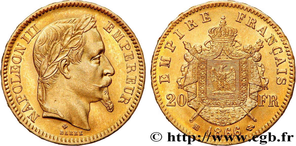 20 francs or Napoléon III, tête laurée 1866 Strasbourg F.532/14 AU58 