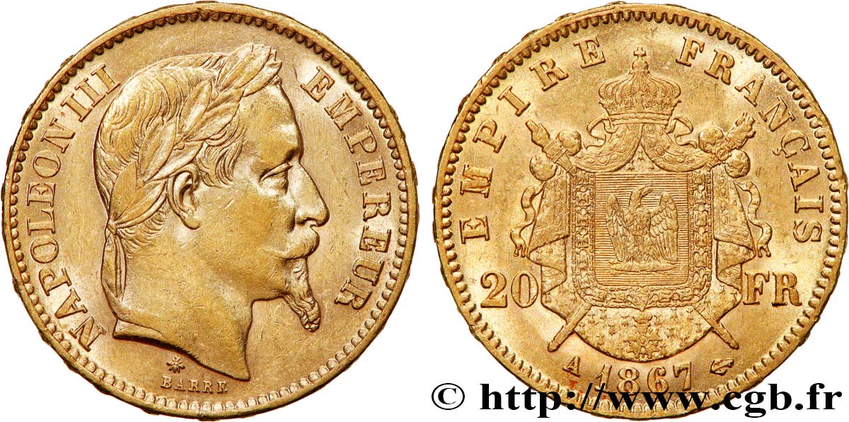20 francs or Napoléon III, tête laurée 1867 Paris F.532/15 TTB+ 