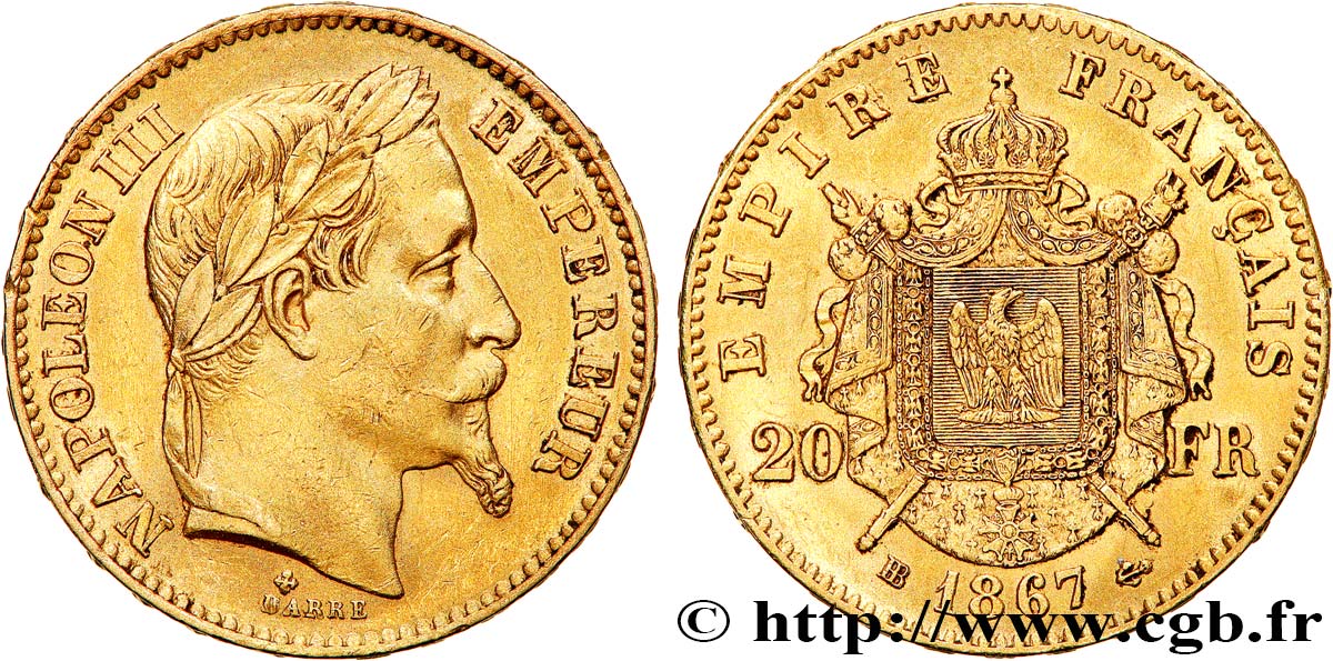 20 francs or Napoléon III, tête laurée 1867 Strasbourg F.532/16 TTB45 