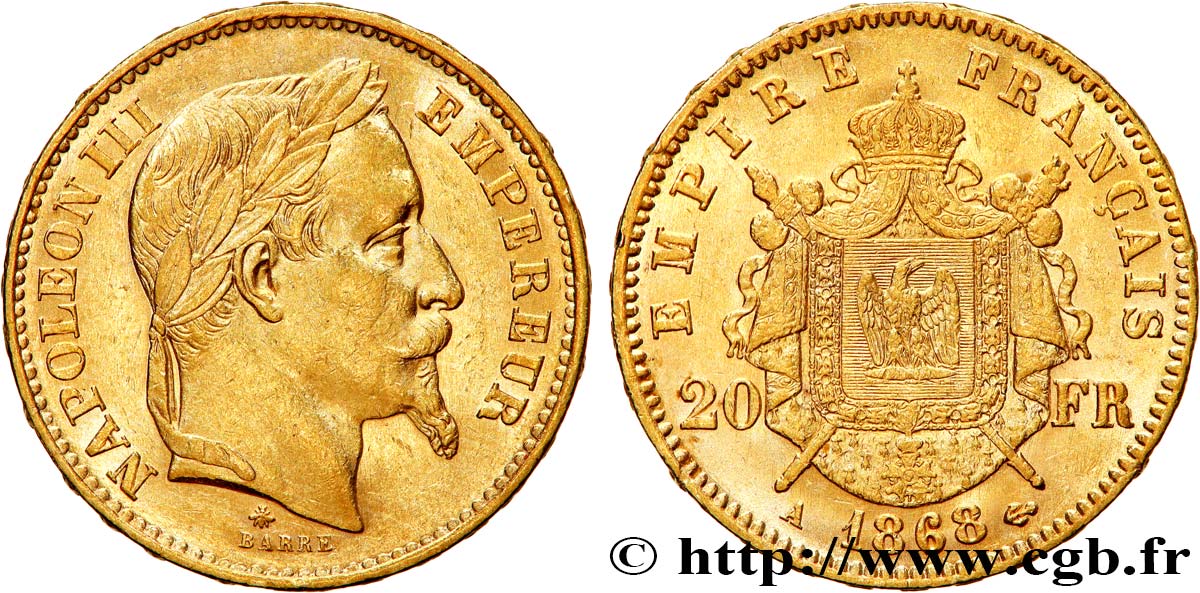 20 francs or Napoléon III, tête laurée 1868 Paris F.532/18 MBC+ 