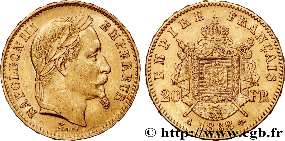 20 francs or Napoléon III, tête laurée 1868 Paris F.532/18 AU53 