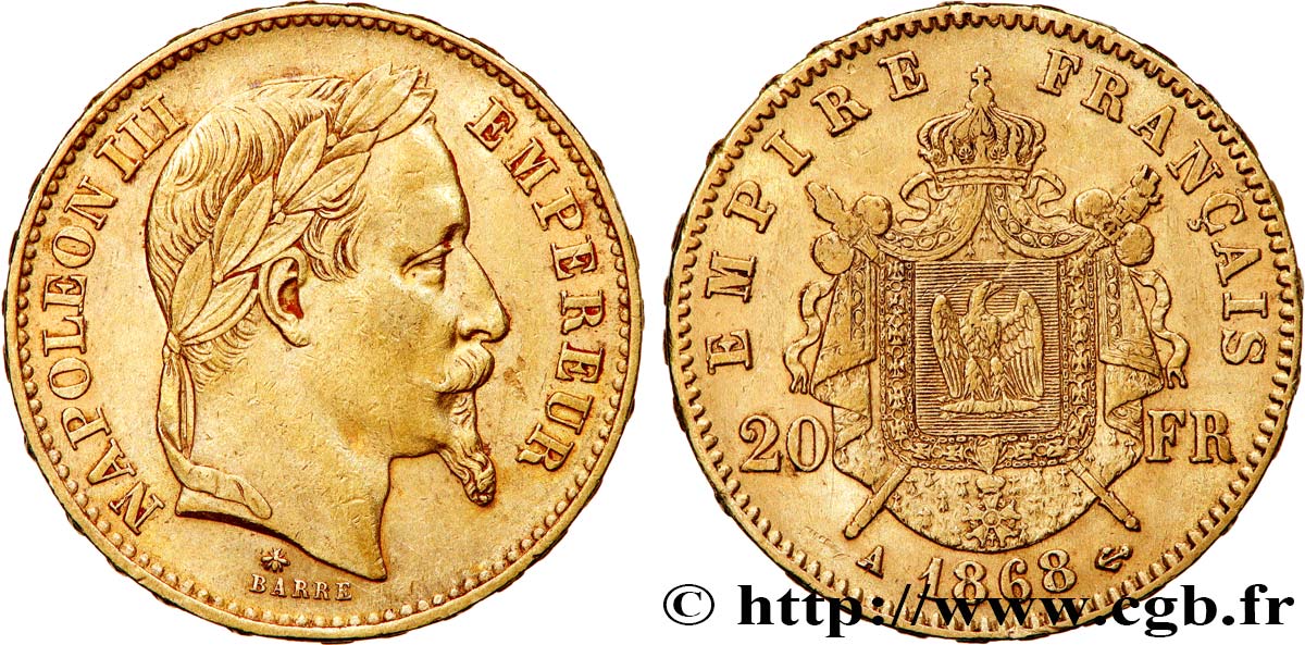 20 francs or Napoléon III, tête laurée 1868 Paris F.532/18 AU50 