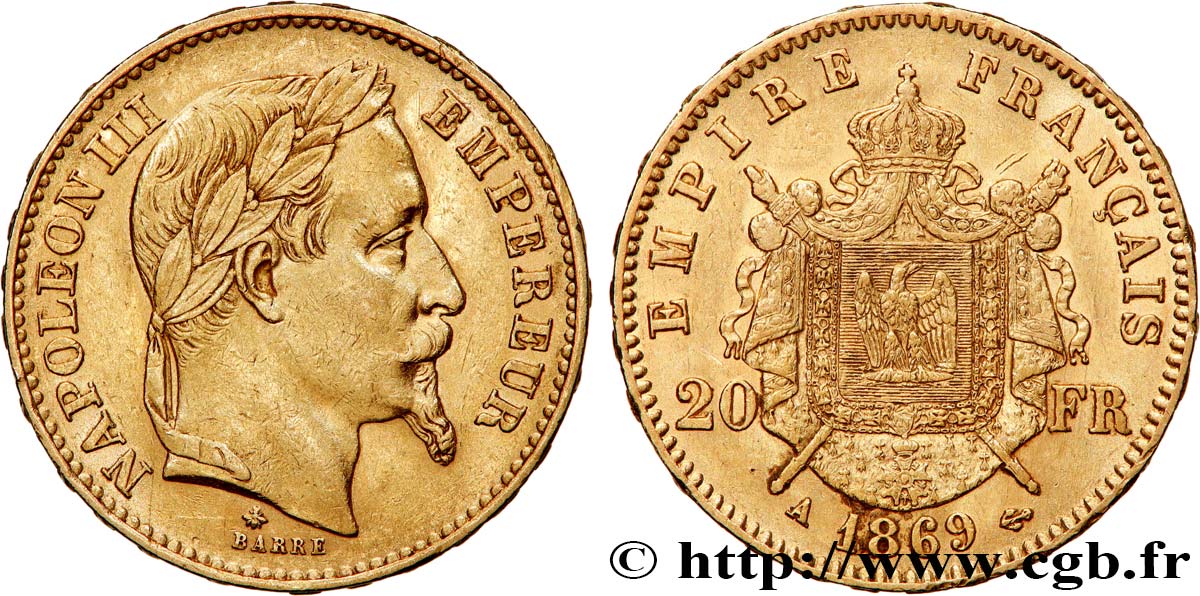 20 francs or Napoléon III, tête laurée 1869 Paris F.532/20 SS50 