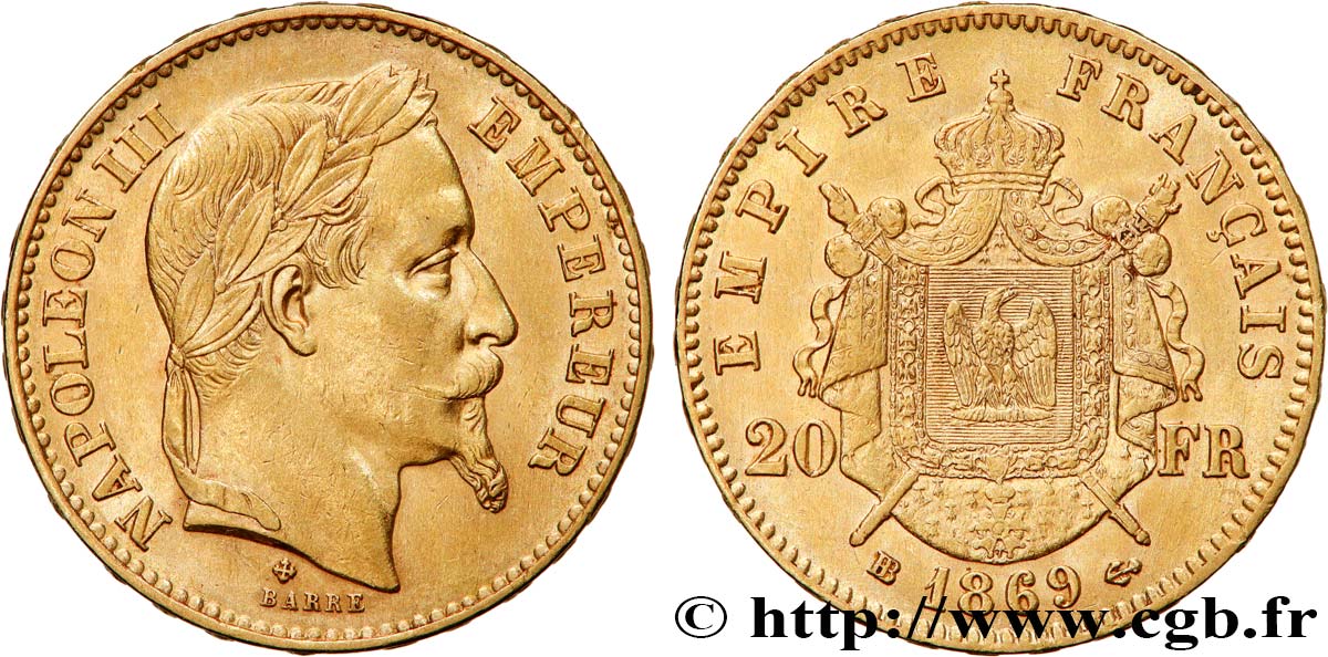 20 francs or Napoléon III, tête laurée, petit BB 1869 Strasbourg F.532/21 AU53 