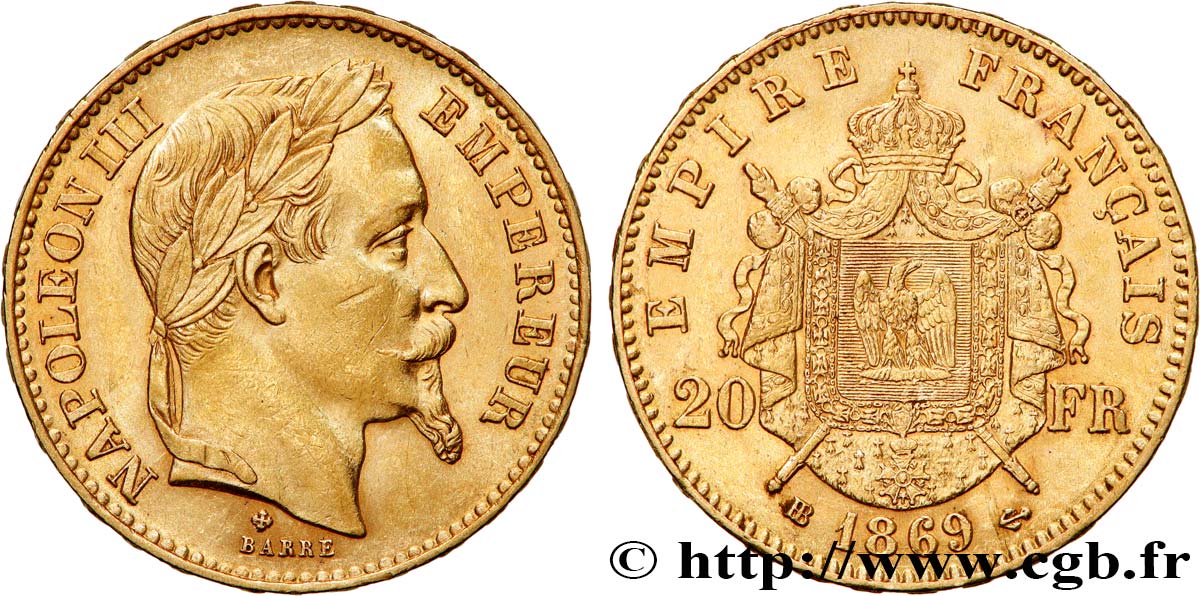 20 francs or Napoléon III, tête laurée, petit BB 1869 Strasbourg F.532/21 SS53 
