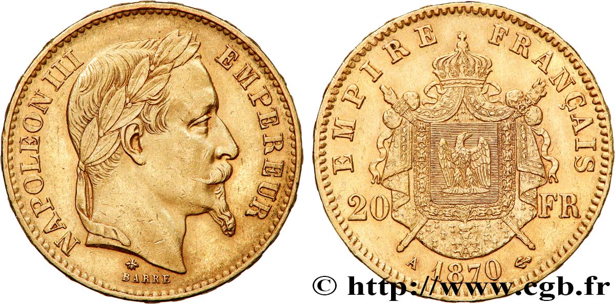 20 francs or Napoléon III, tête laurée 1870 Paris F.532/23 TTB50 