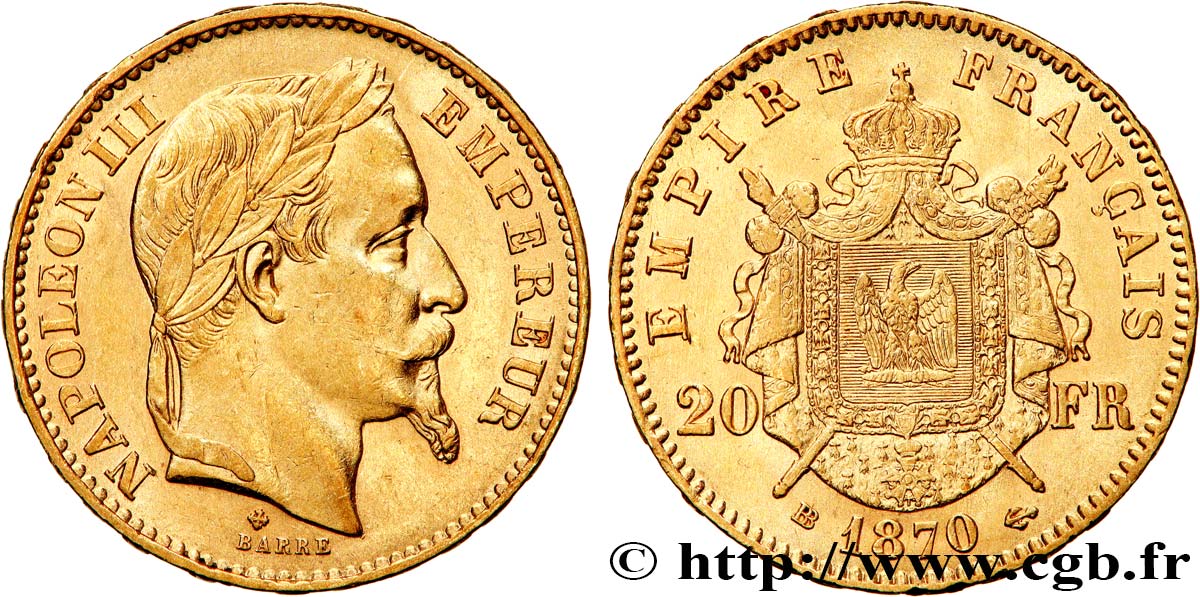 20 francs or Napoléon III, tête laurée 1870 Strasbourg F.532/24 AU53 