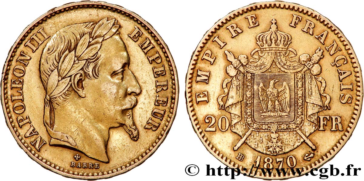 20 francs or Napoléon III, tête laurée 1870 Strasbourg F.532/24 MBC 