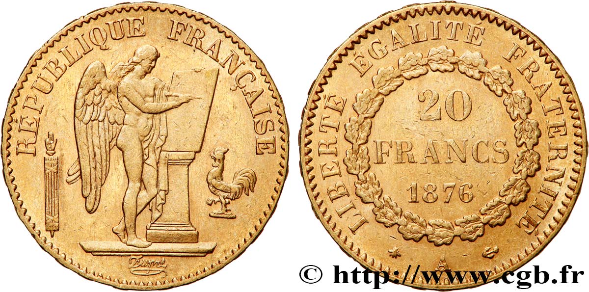 20 francs génie, Troisième république 1876 Paris F.533/4 MBC+ 