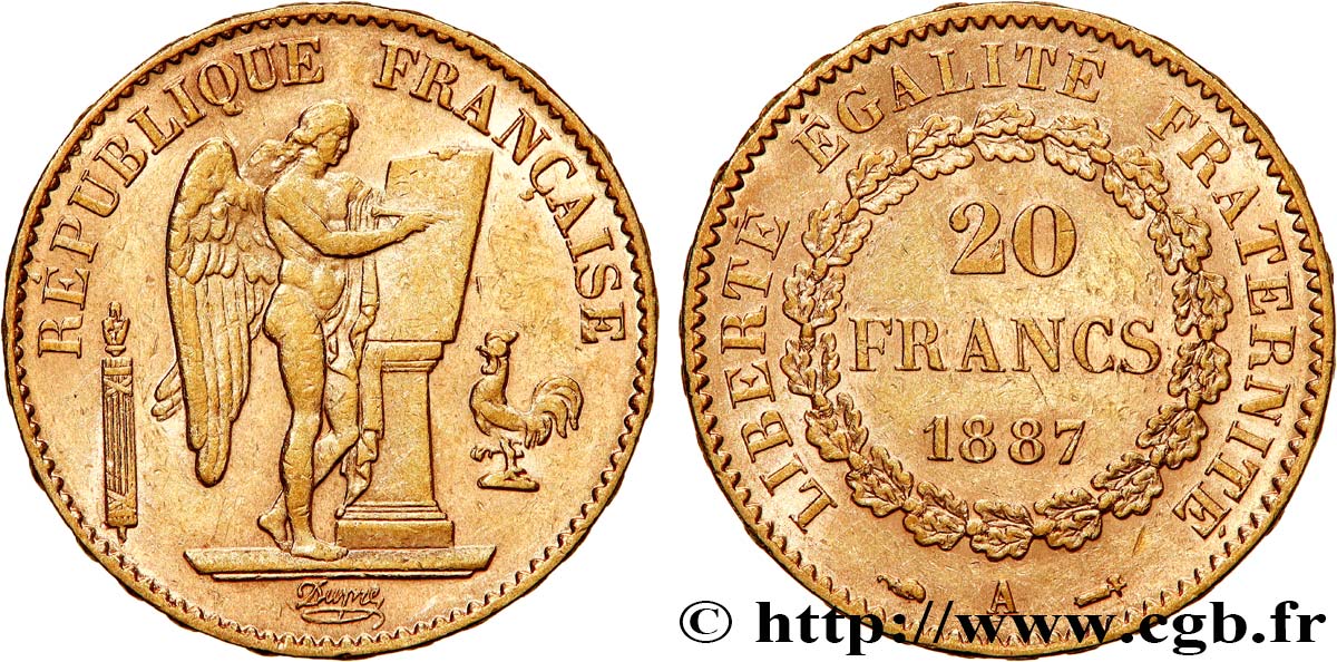 20 francs or Génie, Troisième République 1887 Paris F.533/10 MBC+ 