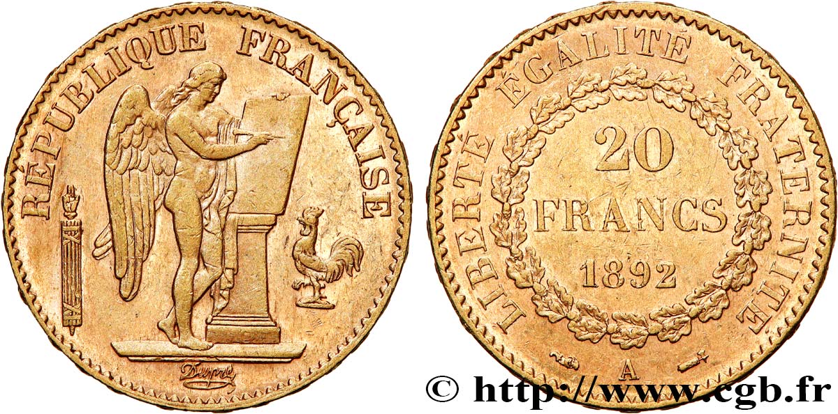20 francs or Génie, Troisième République 1892 Paris F.533/16 AU55 