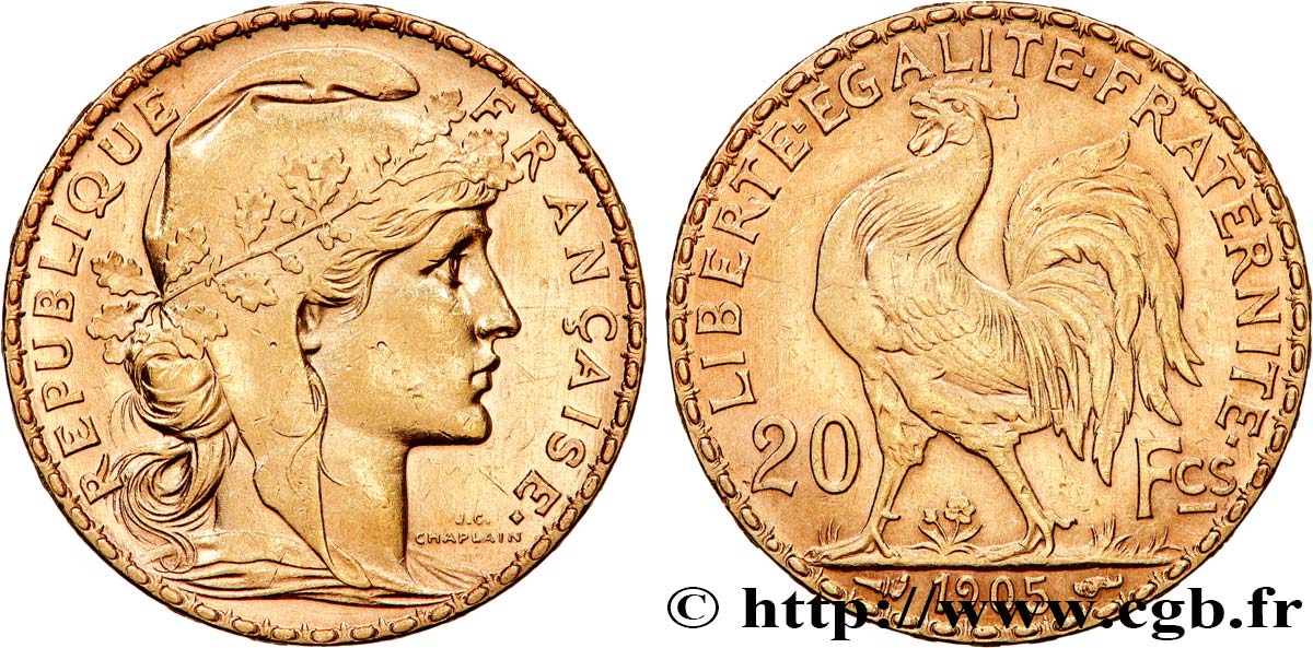 20 francs or Coq, Dieu protège la France 1905 Paris F.534/10 XF 
