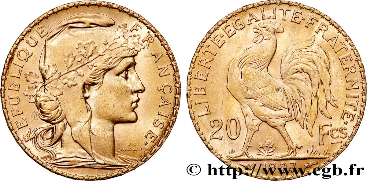 20 francs or Coq, Liberté Égalité Fraternité 1907 Paris F.535/1 VZ62 