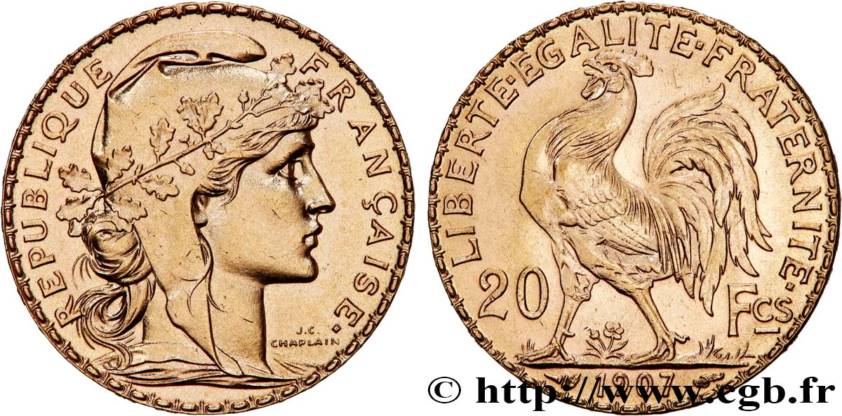 20 francs or Coq, Liberté Égalité Fraternité 1907 Paris F.535/1 MS63 