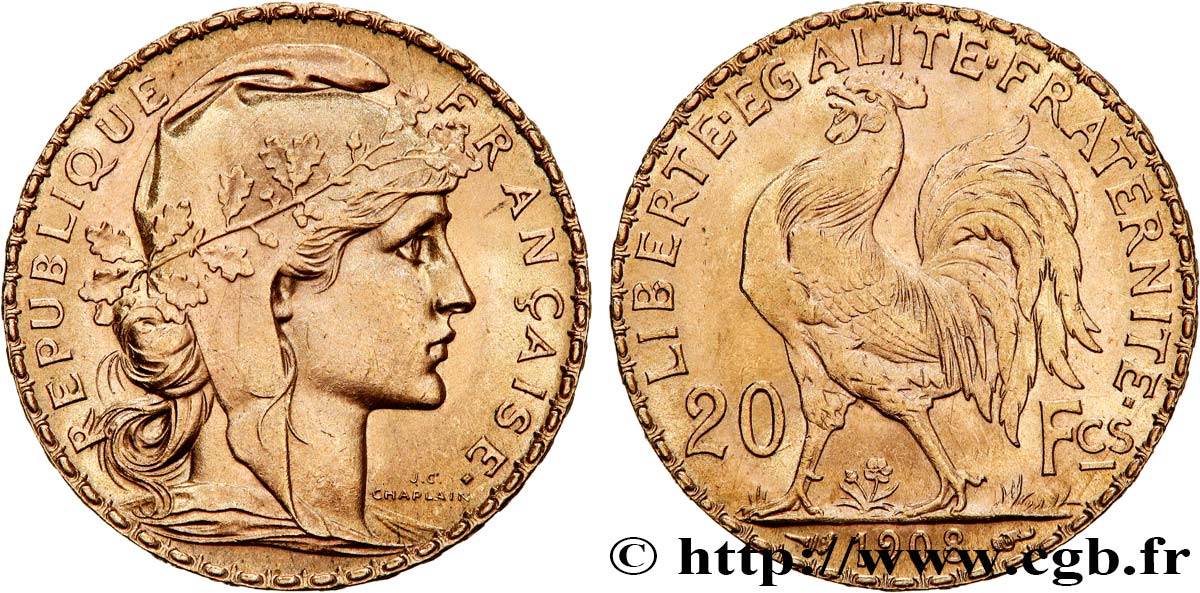 20 francs or Coq, Liberté Égalité Fraternité 1908 Paris F.535/2 MS63 