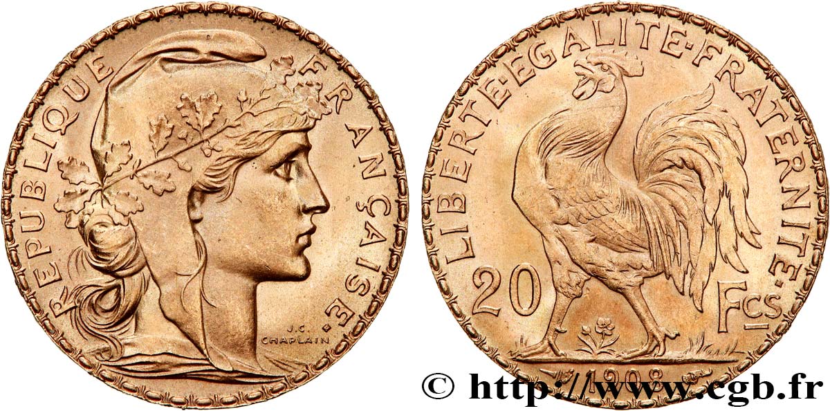 20 francs or Coq, Liberté Égalité Fraternité 1908 Paris F.535/2 fST64 