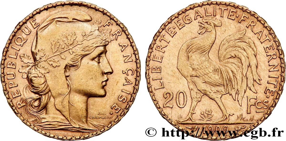 20 francs or Coq, Liberté Égalité Fraternité 1909 Paris F.535/3 AU 