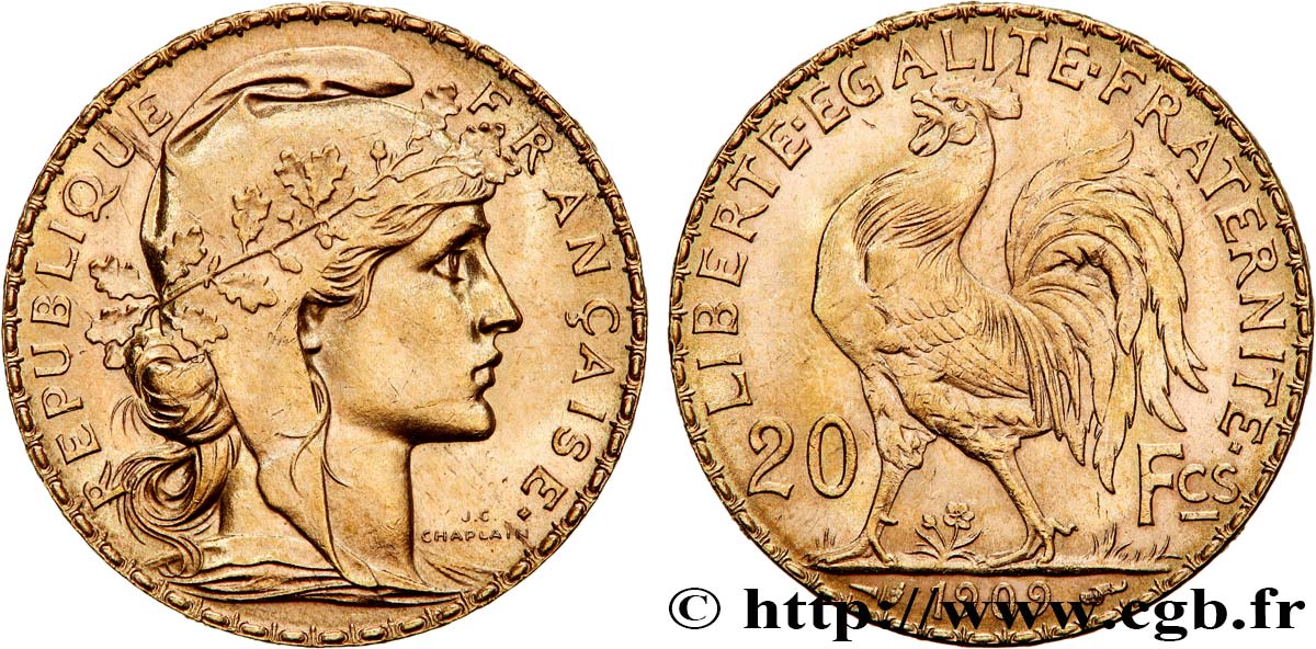 20 francs or Coq, Liberté Égalité Fraternité 1909 Paris F.535/3 SUP62 