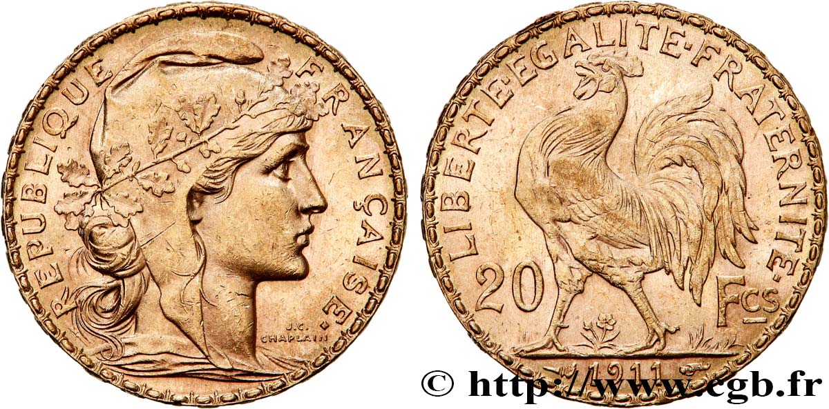 20 francs or Coq, Liberté Égalité Fraternité 1911 Paris F.535/5 AU55 