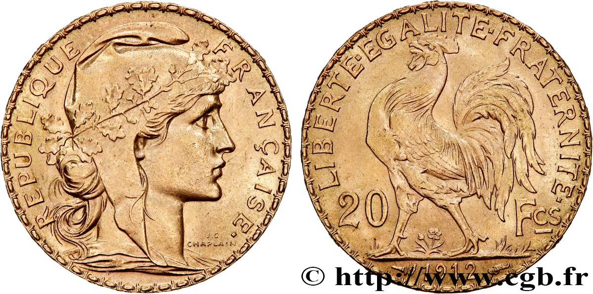 20 francs or Coq, Liberté Égalité Fraternité 1912 Paris F.535/6 MS60 