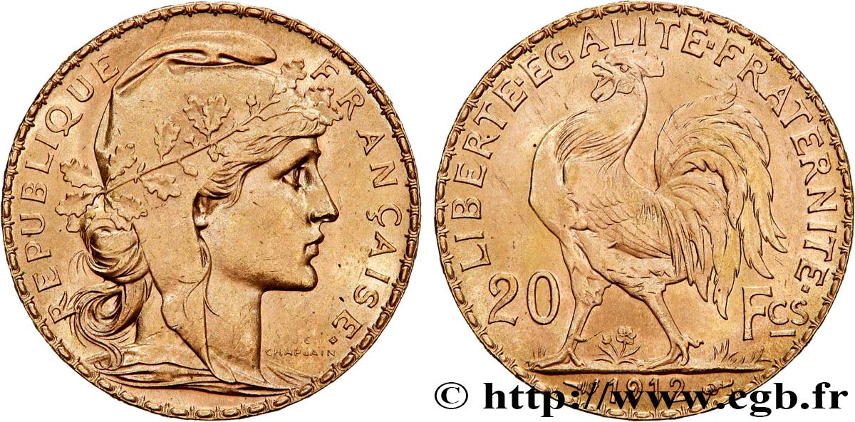 20 francs or Coq, Liberté Égalité Fraternité 1912 Paris F.535/6 SUP60 