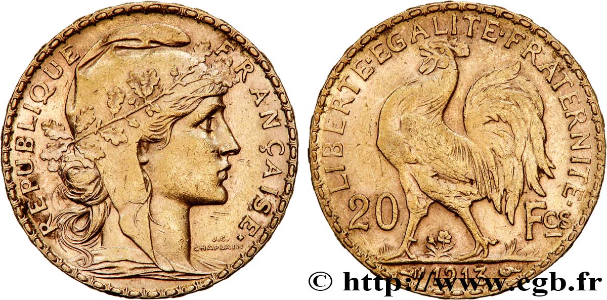 20 francs or Coq, Liberté Égalité Fraternité 1913 Paris F.535/7 SS 
