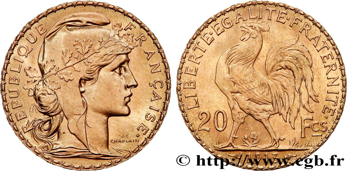 20 francs or Coq, Liberté Égalité Fraternité 1913 Paris F.535/7 SUP62 