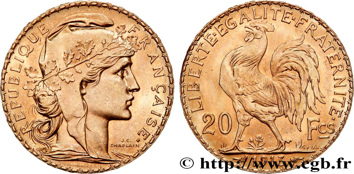 20 francs or Coq, Liberté Égalité Fraternité 1913 Paris F.535/7 VZ62 