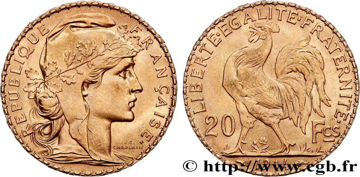 20 francs or Coq, Liberté Égalité Fraternité 1914 Paris F.535/8 VZ62 
