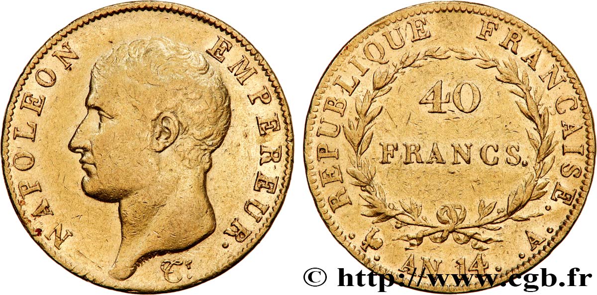 40 francs or Napoléon tête nue, Calendrier révolutionnaire 1805 Paris F.537/2 XF45 