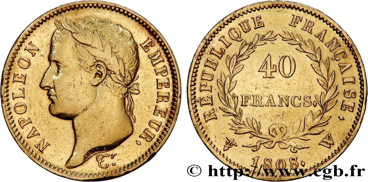 40 francs Napoléon Ier tête laurée, République française 1808 Lille F.540/6 BB 