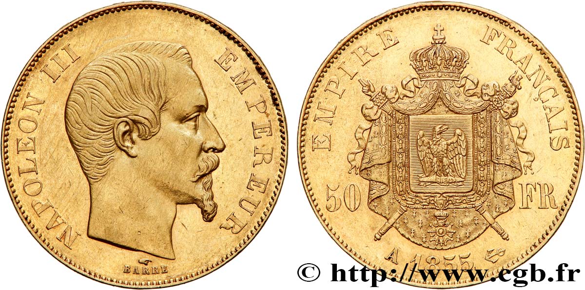 50 francs or Napoléon III, tête nue 1855 Paris F.547/1 VZ 
