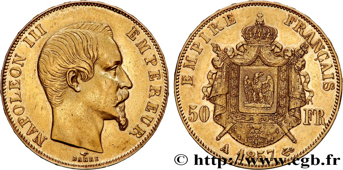 50 francs or Napoléon III, tête nue 1857 Paris F.547/4 SS53 