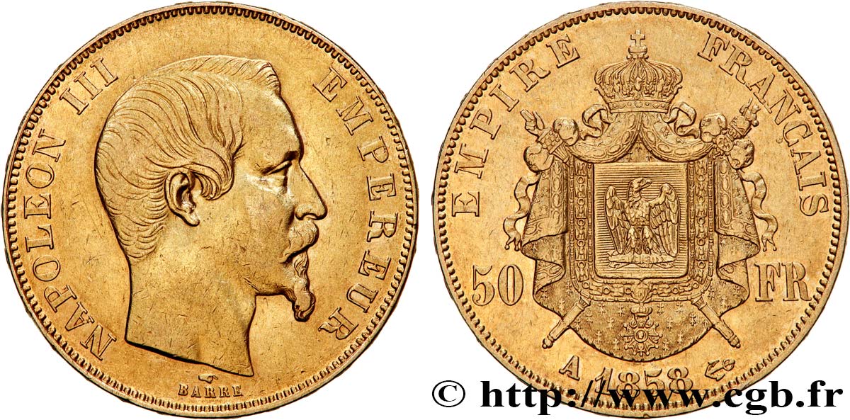 50 francs or Napoléon III, tête nue 1858 Paris F.547/5 XF 