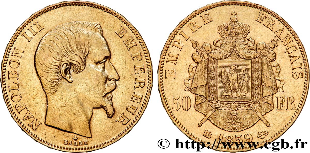 50 francs or Napoléon III, tête nue 1859 Strasbourg F.547/8 AU 
