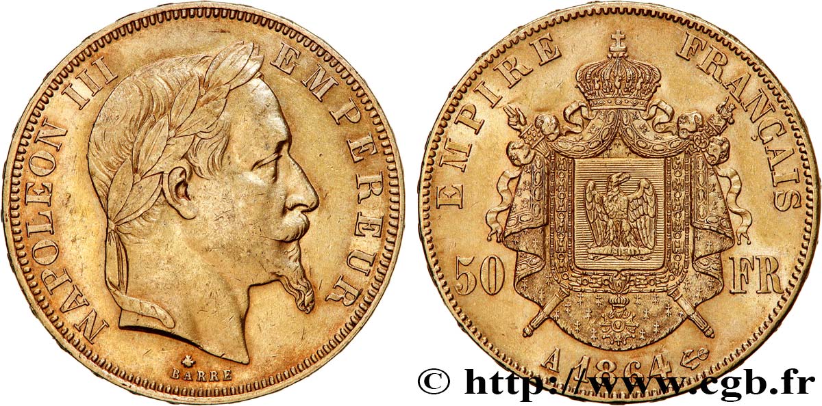 50 francs or Napoléon III, tête laurée 1864 Paris F.548/4 BB53 