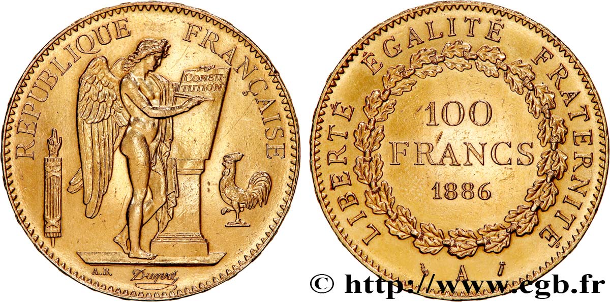 100 francs or Génie, tranche inscrite en relief Dieu protège la France 1886 Paris F.552/7 SUP 