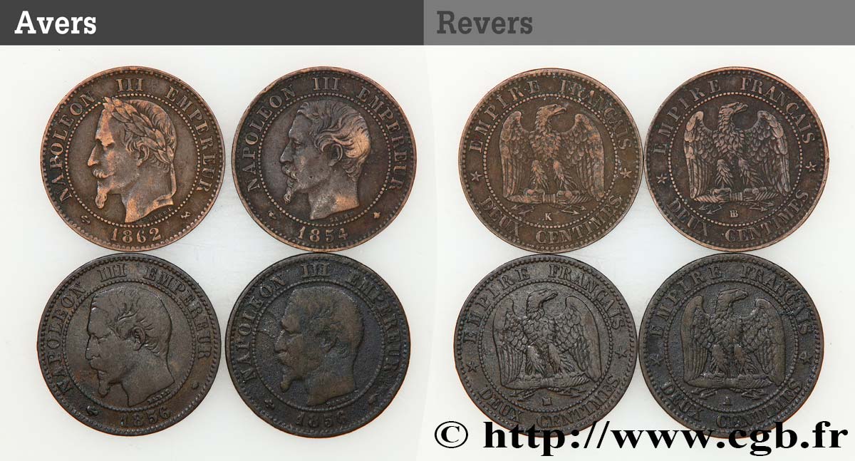 Lot de quatre pièces de Deux centimes Napoléon III n.d. s.l. F.107/11 TB/TB+ 