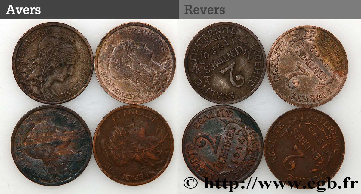 Lot de quatre pièces de 2 centimes Daniel-Dupuis n.d. Paris F.110/8 BC/MBC 
