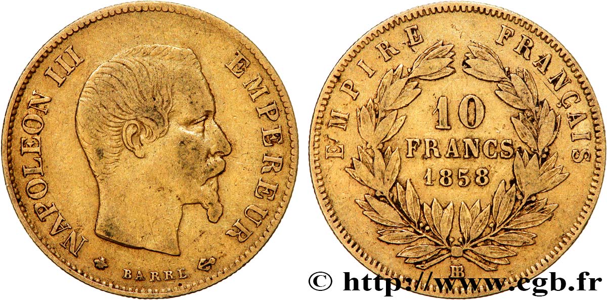 10 francs or Napoléon III, tête nue, grand module 1858 Strasbourg F.506/6 TB30 